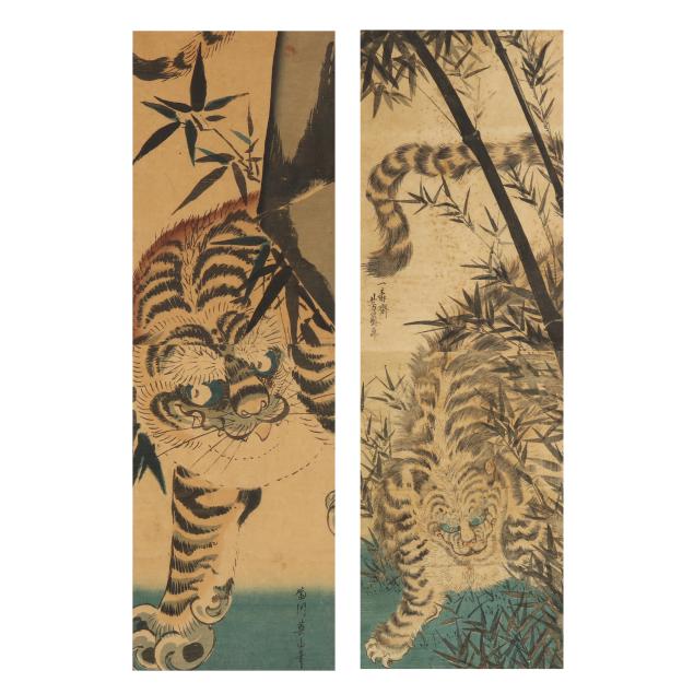 two-japanese-edo-woodblock-prints-of-tigers-and-bamboo