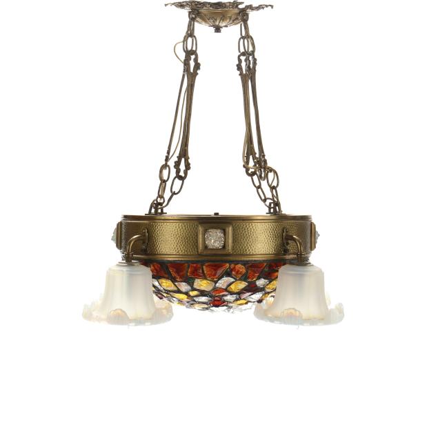 art-deco-hammered-brass-and-jeweled-chunk-glass-chandelier