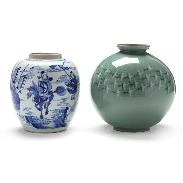 a-korean-celadon-cranes-vase-and-a-chinese-blue-white-porcelain-ginger-jar
