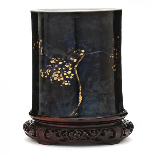 a-chinese-porcelain-mirror-black-glaze-and-gilt-decoration-brush-pot
