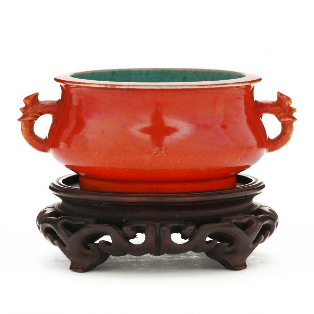 a-chinese-coral-red-glazed-censer-with-dragon-handles