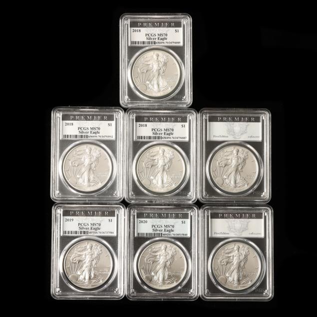 seven-7-american-silver-eagle-dollars-all-pcgs-ms70