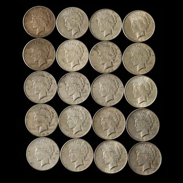 mixed-roll-of-twenty-20-circulated-peace-silver-dollars