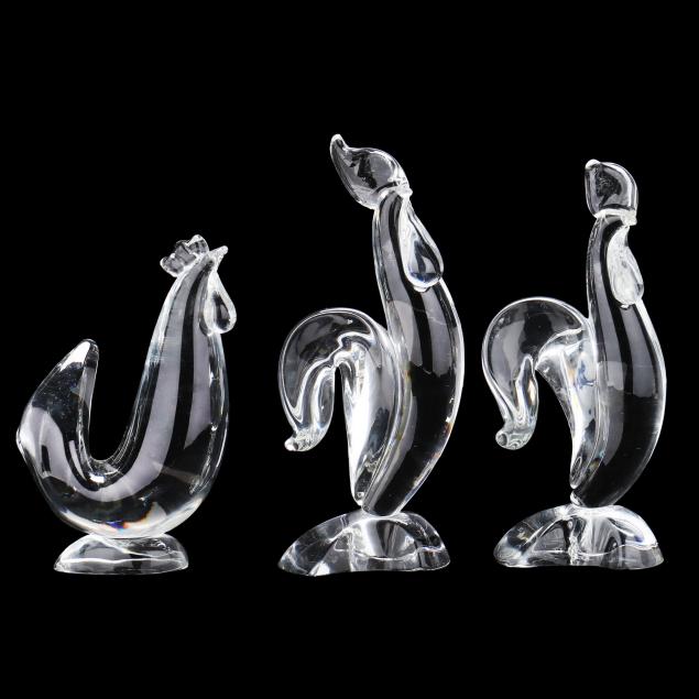two-steuben-crystal-roosters-and-a-hen
