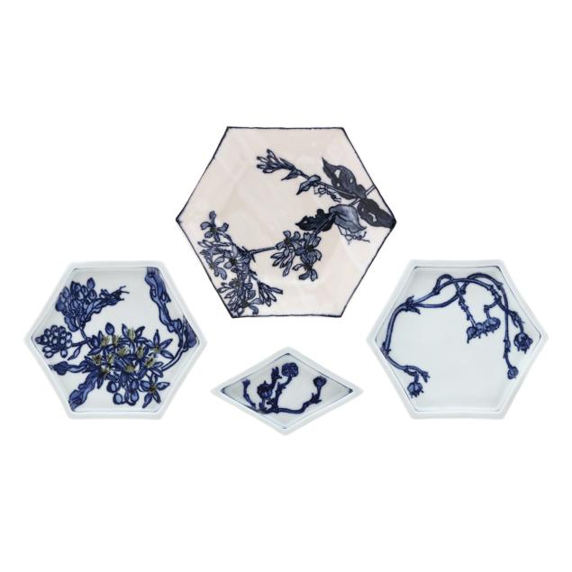 susumu-ikuta-japanese-1926-2024-three-hexagonal-dishes-and-a-small-diamond-dish