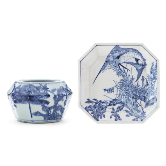 susumu-ikuta-japanese-1926-2024-lighthouse-and-marlin-octagonal-plate-and-dragonfly-bowl