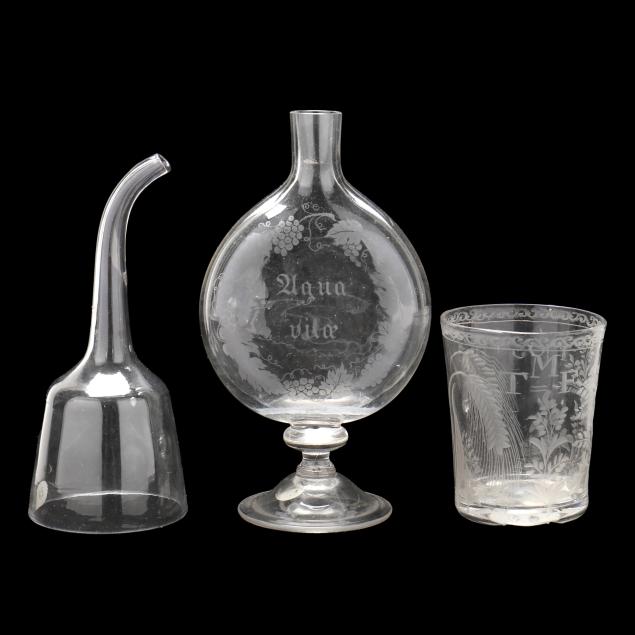 18th-century-glass-flask-funnel-and-tumbler