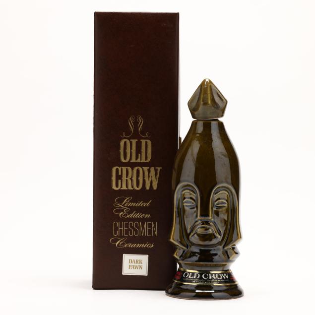 old-crow-bourbon-whiskey-in-dark-pawn-chessmen-decanter