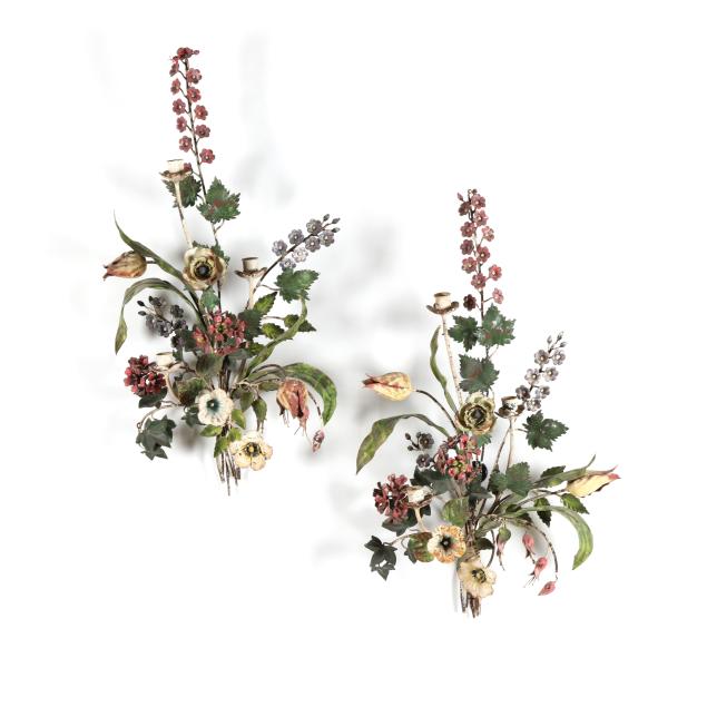 pair-of-vintage-italian-floral-tole-three-light-wall-sconces
