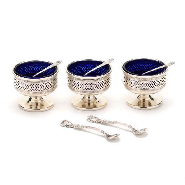 three-sterling-silver-salt-cellars-with-cobalt-inserts-by-m-fred-hirsch-co