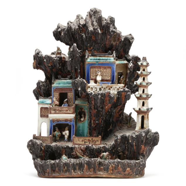 a-chinese-shiwan-glazed-pottery-mountain-with-figures-and-pavilions
