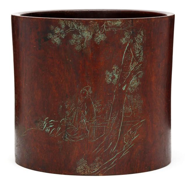 a-chinese-carved-wood-brush-pot-with-inscribed-decoration