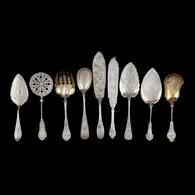 nine-antique-coin-silver-flatware-servers-with-engraved-decoration
