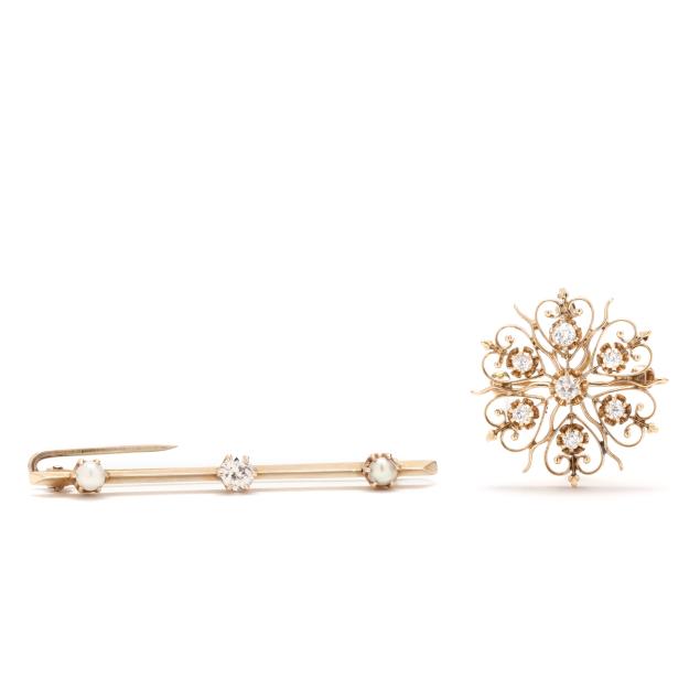 two-vintage-gold-and-diamond-brooches