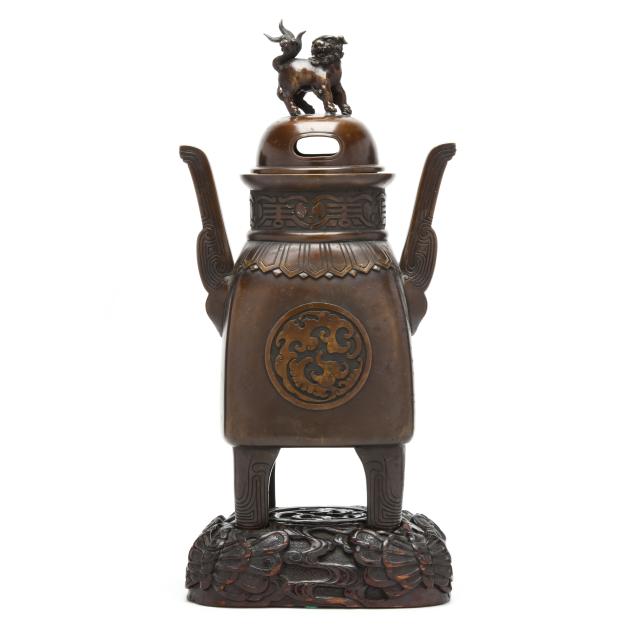 an-unusual-japanese-gilt-bronze-censer-on-carved-wood-stand