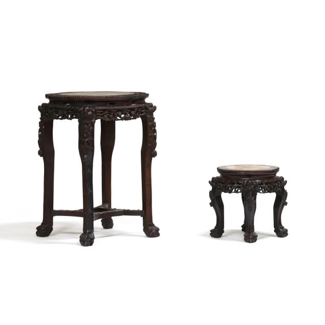 two-chinese-carved-wood-marble-top-tables