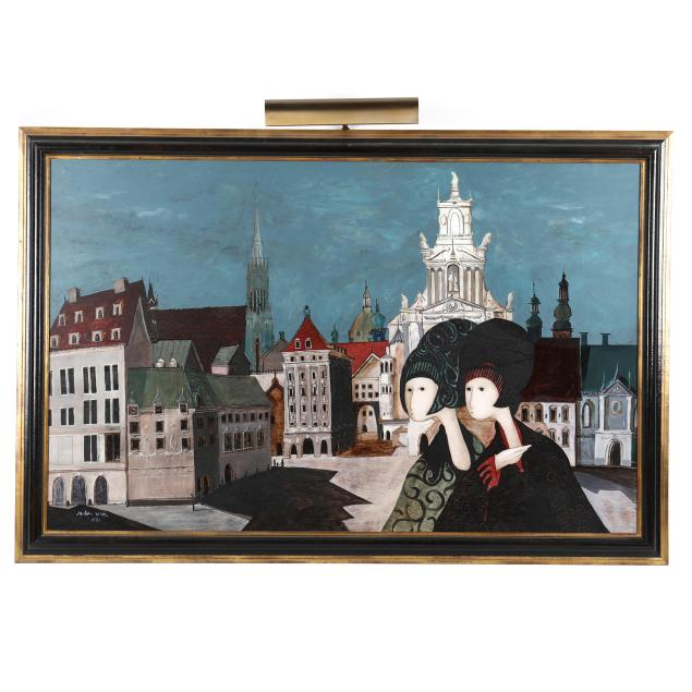 stephen-white-nc-continental-city-scene-with-two-women-and-a-baroque-church