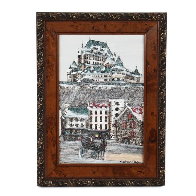 gerard-lachaussee-french-canadian-20th-century-snowy-street-scene-with-carriage-quebec-city