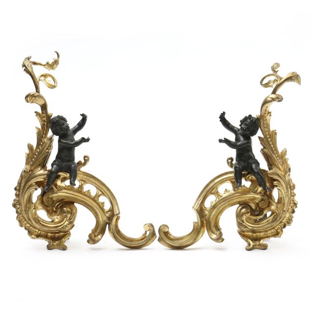 pair-of-antique-louis-xv-style-patinated-and-gilt-bronze-chenets