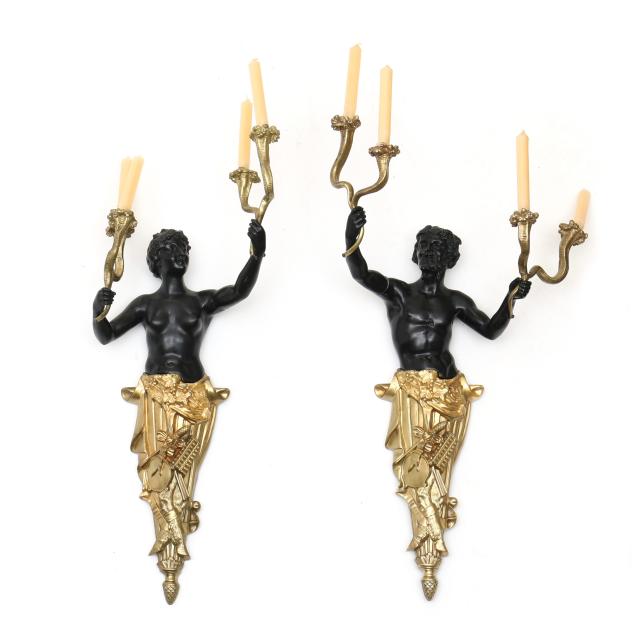 two-neoclassical-style-patinated-and-gilt-bronze-figural-sconces