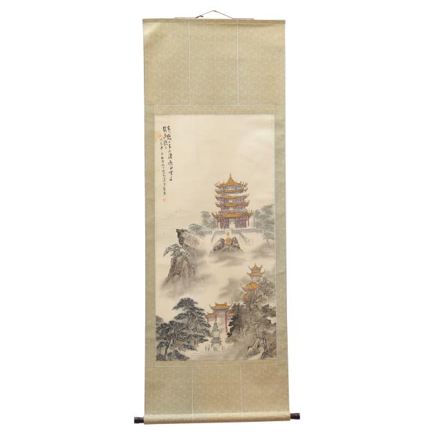 chinese-scroll-painting-of-a-monumental-landscape-with-pagoda