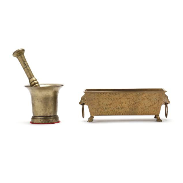an-indian-brass-jardiniere-and-mortar-and-pestle