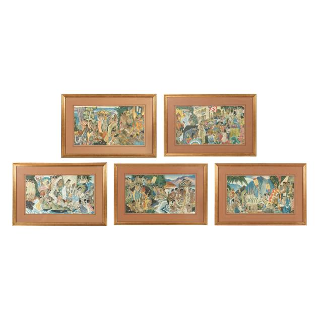 eugene-savage-american-1883-1978-group-of-five-framed-vintage-matson-line-s-i-ss-lurline-i-dinner-menus-circa-1940s-50s
