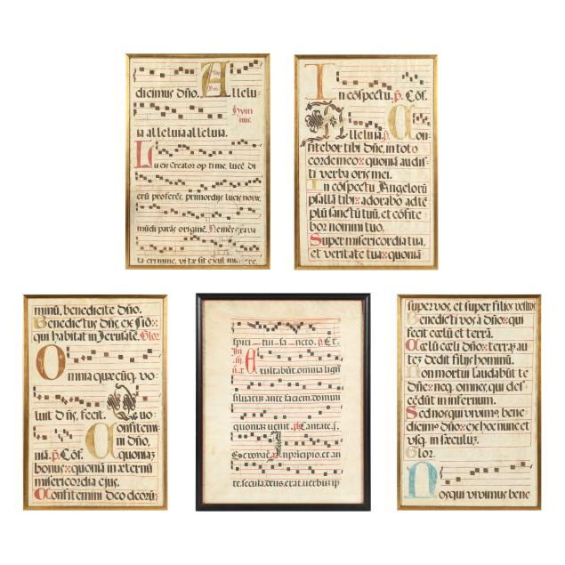 five-framed-examples-of-continental-antiphonal-sheet-music-on-vellum