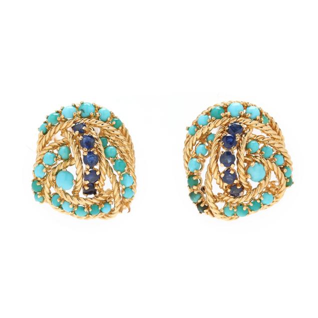 gold-turquoise-and-sapphire-knot-motif-earrings