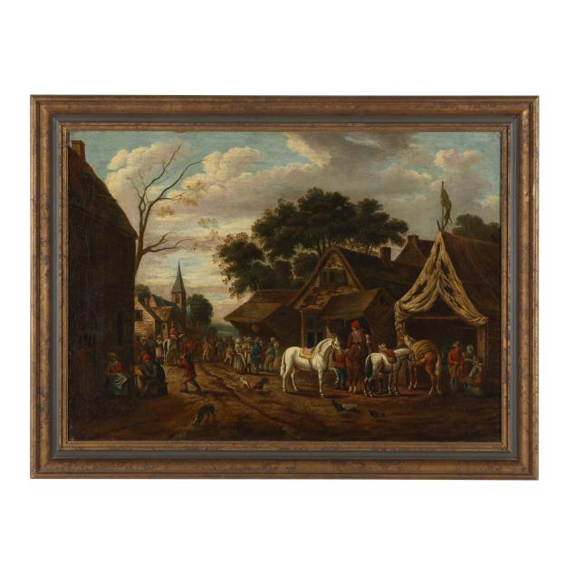manner-of-barent-gael-dutch-1630-1698-village-scene-with-peasants-and-horseman