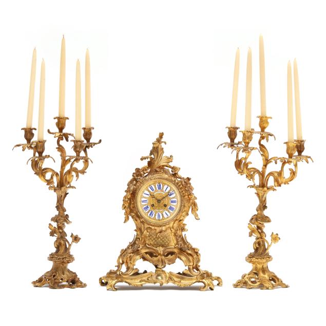 louis-xv-style-gilt-bronze-mantel-clock-and-candelabra-garniture-signed-gautier-graulot