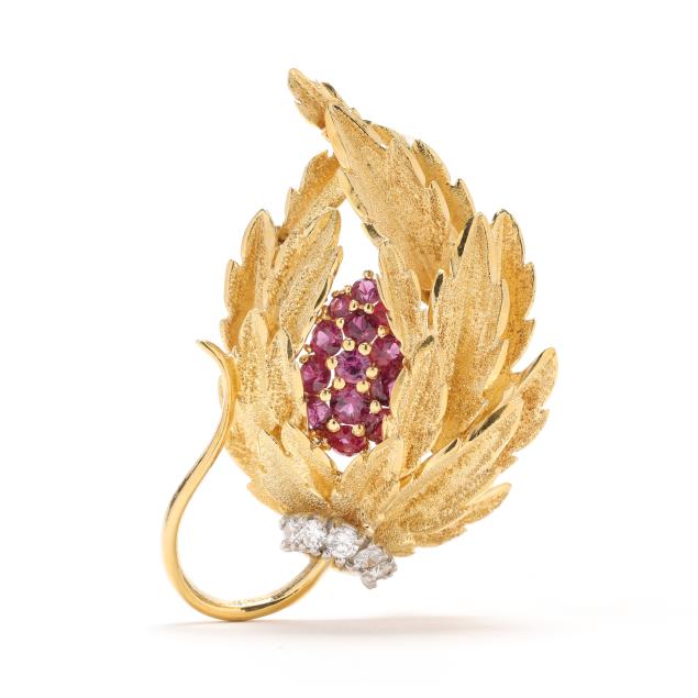 gold-ruby-and-diamond-foliate-motif-brooch