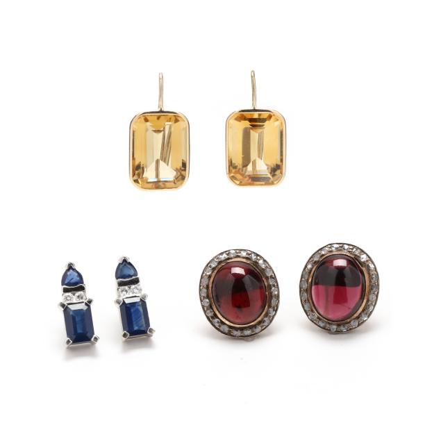 three-pairs-of-gold-and-gem-set-earrings