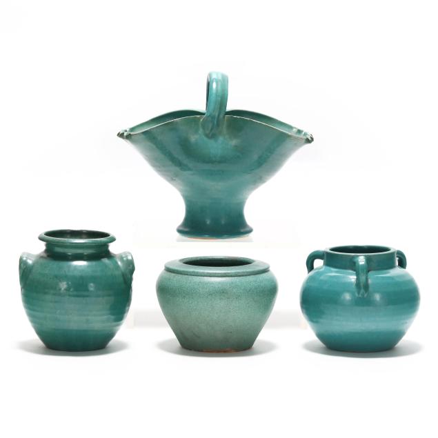 attributed-to-cole-pottery-nc-four-green-glazed-pottery-vessels