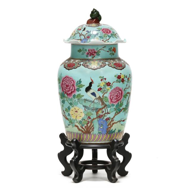 a-large-chinese-famille-rose-turquoise-ground-floor-jar-with-cover