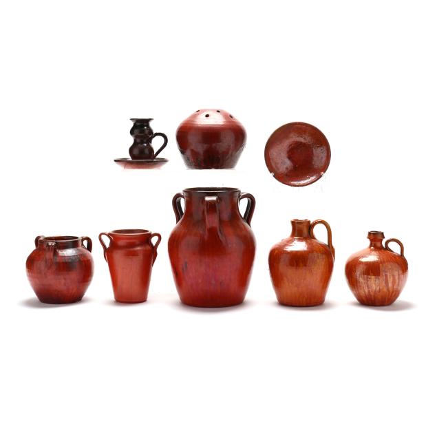 eight-chrome-red-glazed-pottery-items-including-north-state-pottery-nc