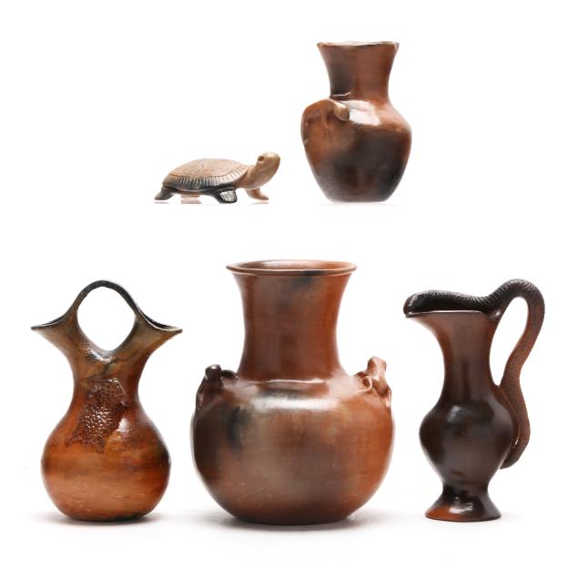 four-catawba-pottery-works-by-caroleen-sanders-1944-2025-and-a-wedding-jug-by-an-unknown-maker