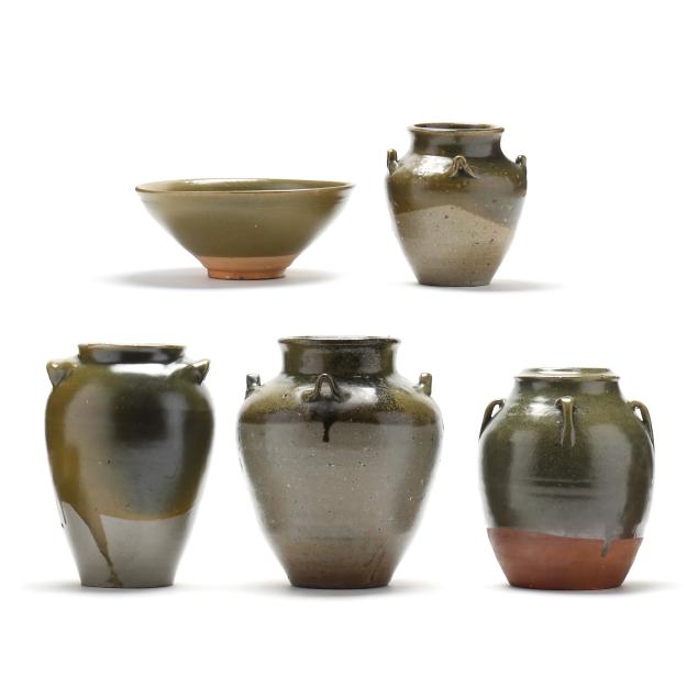 five-green-glazed-jugtown-pottery-items