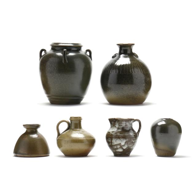 jugtown-pottery-seagrove-nc-six-green-glazed-pottery-vessels