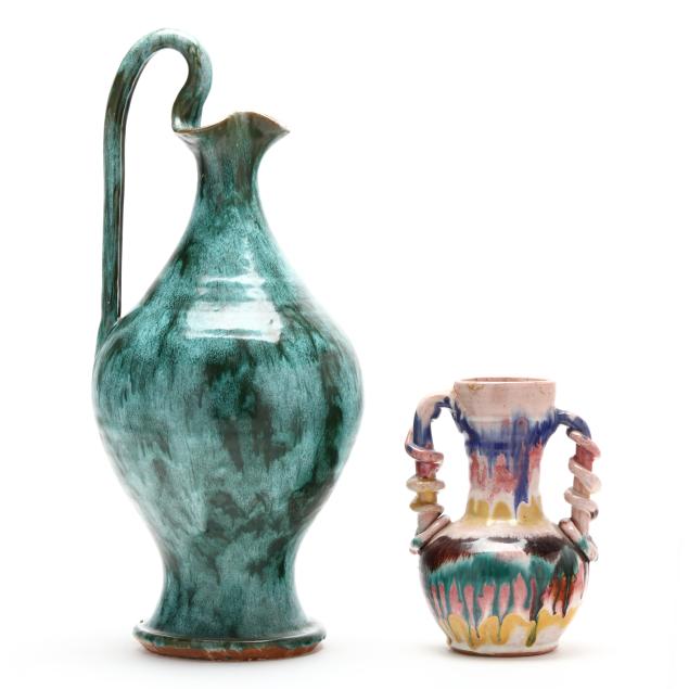 attributed-to-a-r-cole-nc-1892-1974-tall-rebecca-pitcher-and-dual-handle-vase