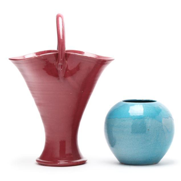 attributed-to-a-r-cole-pottery-sanford-nc-tall-handled-basket-and-orb-vase