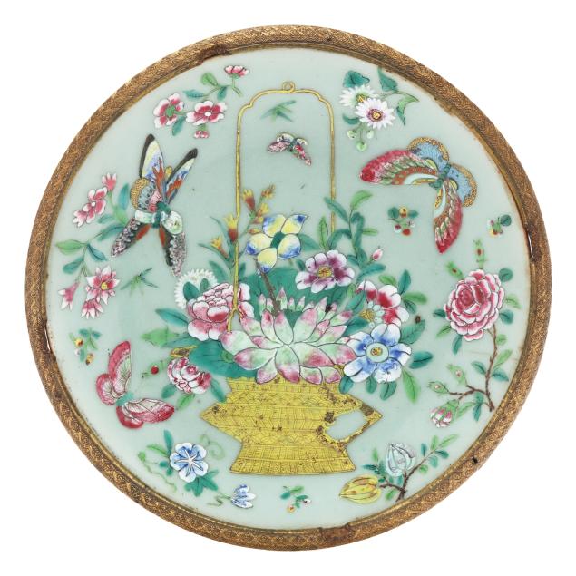 a-chinese-celadon-ground-famille-rose-porcelain-dish-in-mount