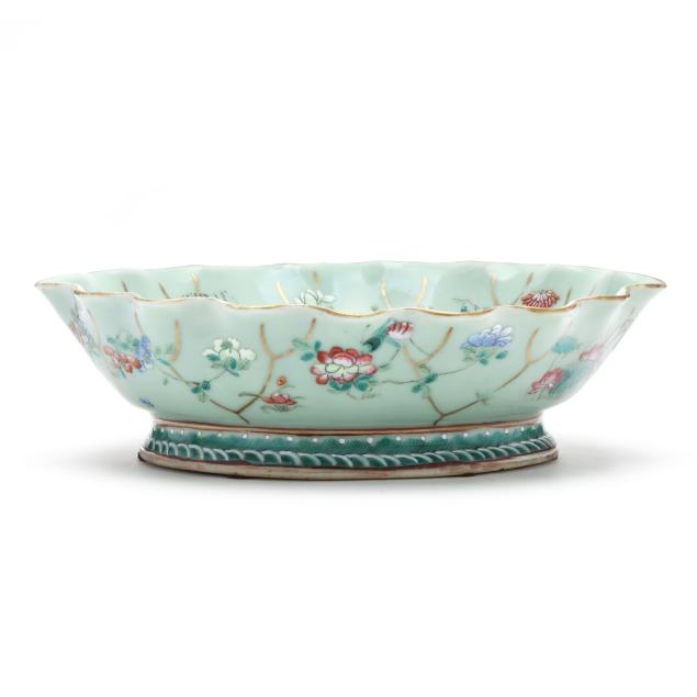 a-chinese-celadon-ground-famille-rose-export-porcelain-footed-dish