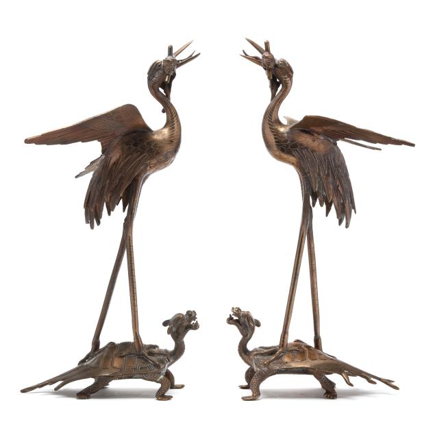 a-pair-of-chinese-brass-cranes-standing-on-turtles