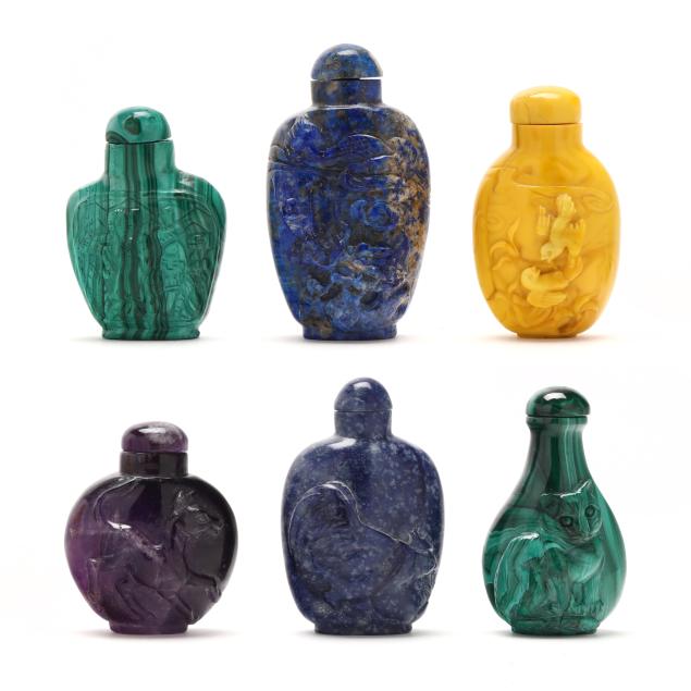 a-group-of-six-chinese-hardstone-snuff-bottles