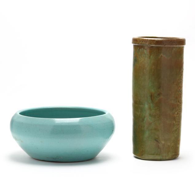 attributed-to-a-r-cole-and-rainbow-pottery-published-teal-glazed-bowl-and-tall-cylinder-vase
