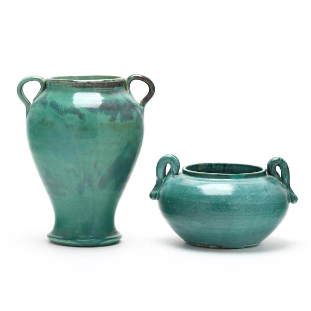 two-vintage-north-carolina-green-glazed-pottery-vases