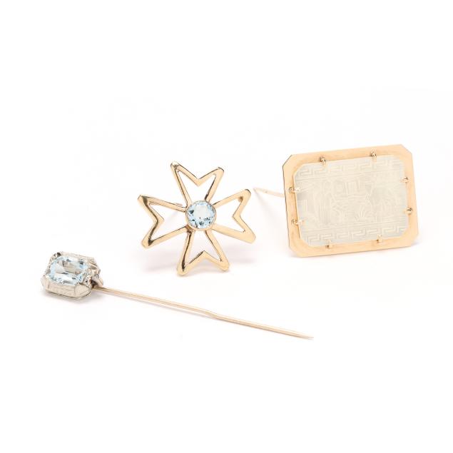 two-gold-brooches-and-a-gold-and-gem-set-stick-pin