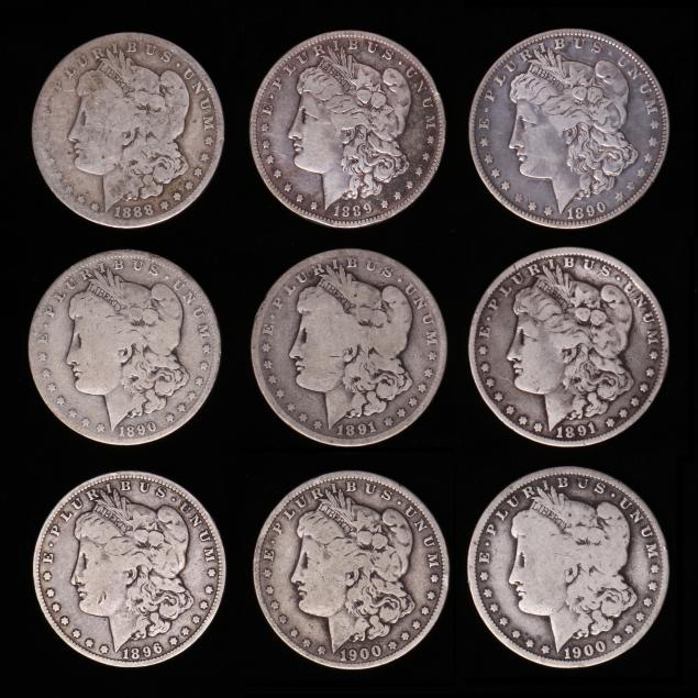 nine-9-circulated-morgan-silver-dollars