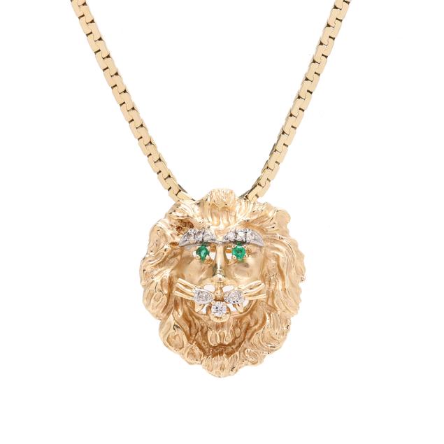 gold-and-gem-set-lion-motif-pendant-brooch-necklace